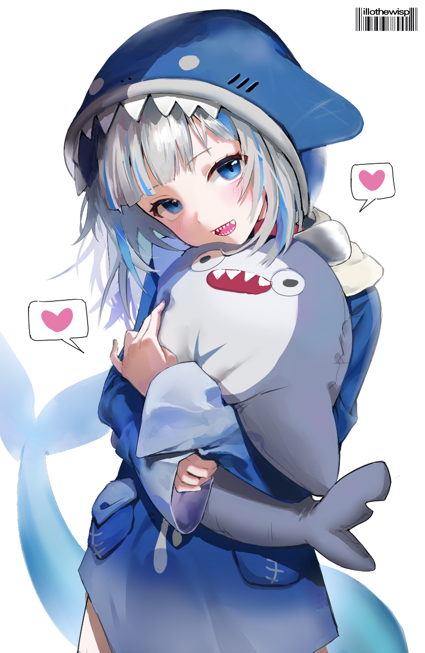 1girl animal_hood bangs bloop_(gawr_gura) blue_eyes blue_hair blue_hoodie eyebrows_visible_through_hair fish_tail gawr_gura highres hololive hololive_english hood hoodie long_sleeves looking_at_viewer multicolored_hair shark_hood shark_tail sharp_teeth solo streaked_hair stuffed_animal stuffed_toy tail teeth upper_body virtual_youtuber white_hair wisp_(illothewisp)