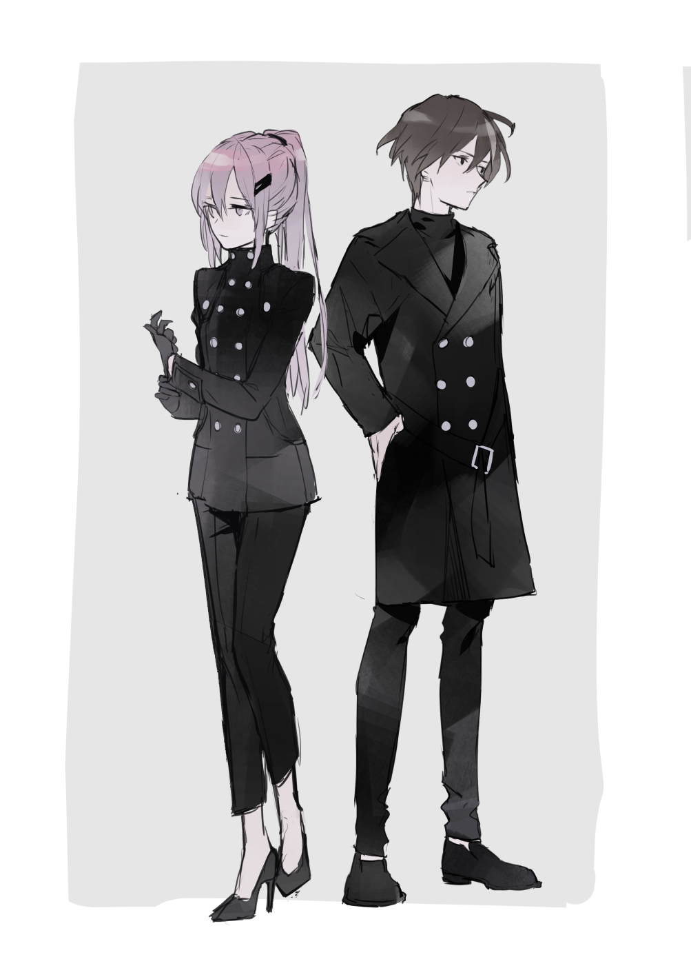 1boy 1girl adjusting_clothes adjusting_gloves black_coat black_eyes black_footwear black_gloves border brown_hair closed_mouth coat g.g.lemon gloves grey_background guilty_crown hair_between_eyes hair_ornament hairclip high_heels highres light_brown_hair long_hair multicolored_hair ouma_shuu ponytail purple_hair simple_background sketch standing streaked_hair thumb_in_pocket turtleneck violet_eyes white_border yuzuriha_inori