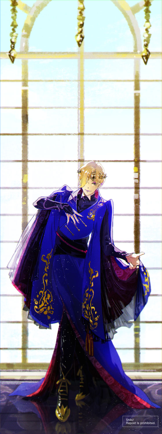 1boy adjusting_clothes artist_name black_gloves black_pants blonde_hair blue_nails blue_robe boots circlet commentary eyeshadow full_body gloves gold_trim hair_over_one_eye hand_on_own_chest highres indoors leaning_to_the_side long_sleeves looking_at_viewer makeup male_focus nail_polish pale_skin pants partially_fingerless_gloves robe shiki_(4shikixxx) smile solo twisted_wonderland vil_schoenheit window