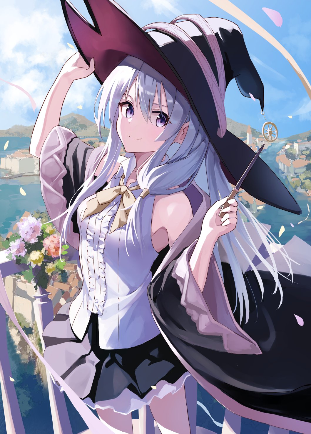 .com 1girl bare_shoulders black_legwear bow bowtie collared_shirt cowboy_shot elaina_(majo_no_tabitabi) flower grey_hair hair_tubes hand_on_headwear hands_up hat hat_ribbon highres holding holding_wand long_hair majo_no_tabitabi miniskirt open_clothes open_robe outdoors pleated_skirt railing ribbon robe shirt skirt sleeveless sleeveless_shirt solo violet_eyes wand white_shirt witch witch_hat yellow_bow yellow_bowtie