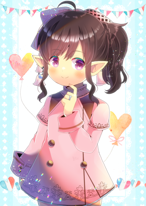 1girl ahoge bangs blush braid brown_hair closed_mouth club_(shape) commentary_request commission diamond_(shape) dress eyebrows_visible_through_hair final_fantasy final_fantasy_xiv hand_up heart jewelry kou_hiyoyo lalafell layered_sleeves long_hair long_sleeves pennant pink_dress pointy_ears ponytail ring short_over_long_sleeves short_sleeves sidelocks skeb_commission smile solo spade_(shape) string_of_flags violet_eyes