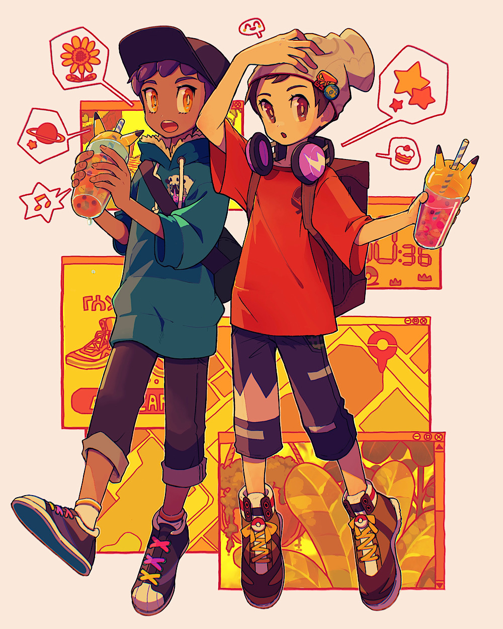 2boys adapted_costume arm_up backpack bag beanie bo9_(bo9_nc) bright_pupils brown_eyes brown_hair cable_knit capri_pants cup dark-skinned_male dark_skin drinking_straw grey_headwear hat headphones headphones_around_neck highres holding holding_cup hop_(pokemon) male_focus multiple_boys open_mouth pants pokemon pokemon_(game) pokemon_swsh purple_hair red_shirt shirt shoes short_hair sneakers socks spoken_symbol symbol-only_commentary t-shirt teeth tongue upper_teeth victor_(pokemon) white_pupils
