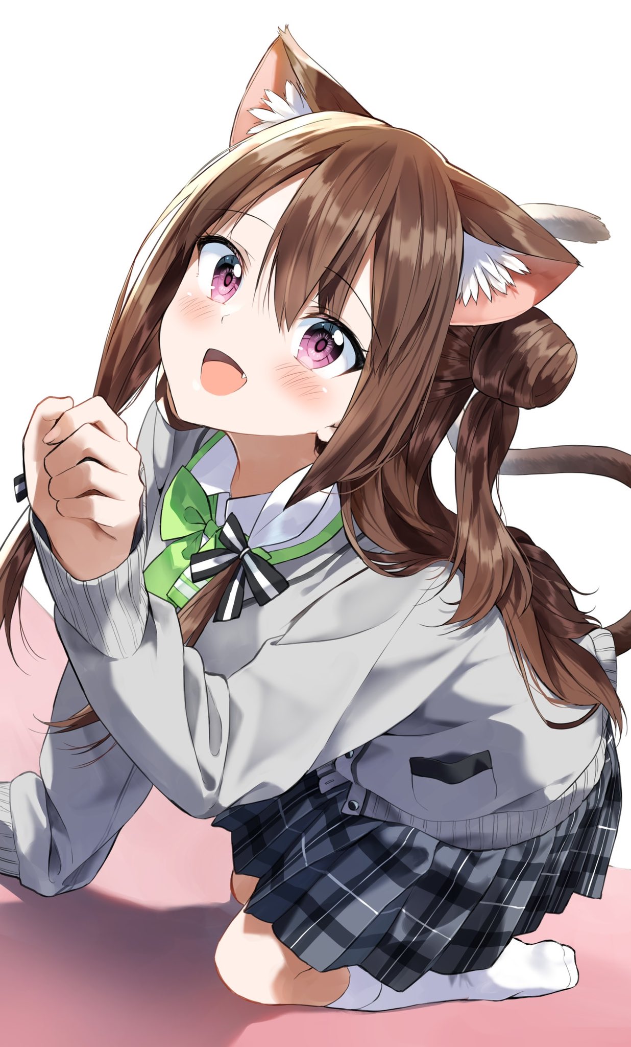 1girl :d all_fours animal_ear_fluff animal_ears bangs blush bow brown_hair cat_ears cat_girl cat_tail collared_shirt commentary_request double_bun eyebrows_visible_through_hair fang green_bow grey_skirt grey_sweater hair_between_eyes hair_bow hair_bun highres long_hair long_sleeves original pentagon_(railgun_ky1206) plaid plaid_skirt pleated_skirt school_uniform shirt skirt sleeves_past_wrists smile solo striped striped_bow sweater tail two_side_up violet_eyes white_background white_shirt