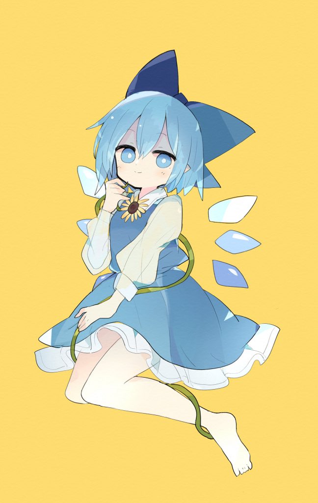 1girl 76gpo bangs barefoot blue_bow blue_dress blue_eyes blue_hair bow cirno closed_mouth dress flower full_body hair_bow ice ice_wings long_sleeves looking_at_viewer short_hair simple_background smile solo sunflower touhou wings yellow_background