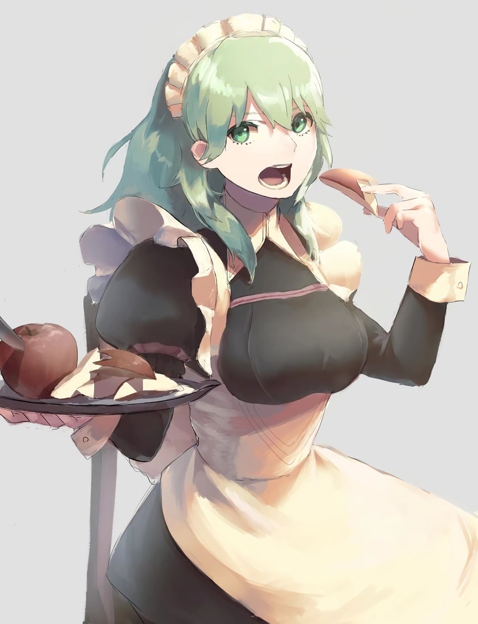 1girl alternate_costume apple apron bangs black_dress breasts byleth_(fire_emblem) byleth_eisner_(female) commentary dress eating english_commentary enlightened_byleth_(female) enmaided fire_emblem fire_emblem:_three_houses food fruit green_eyes green_hair grey_background highres holding holding_tray long_hair long_sleeves looking_at_viewer maid maid_apron maid_headdress medium_breasts miton_(vvse5752) official_alternate_costume open_mouth simple_background solo tray waist_apron white_apron