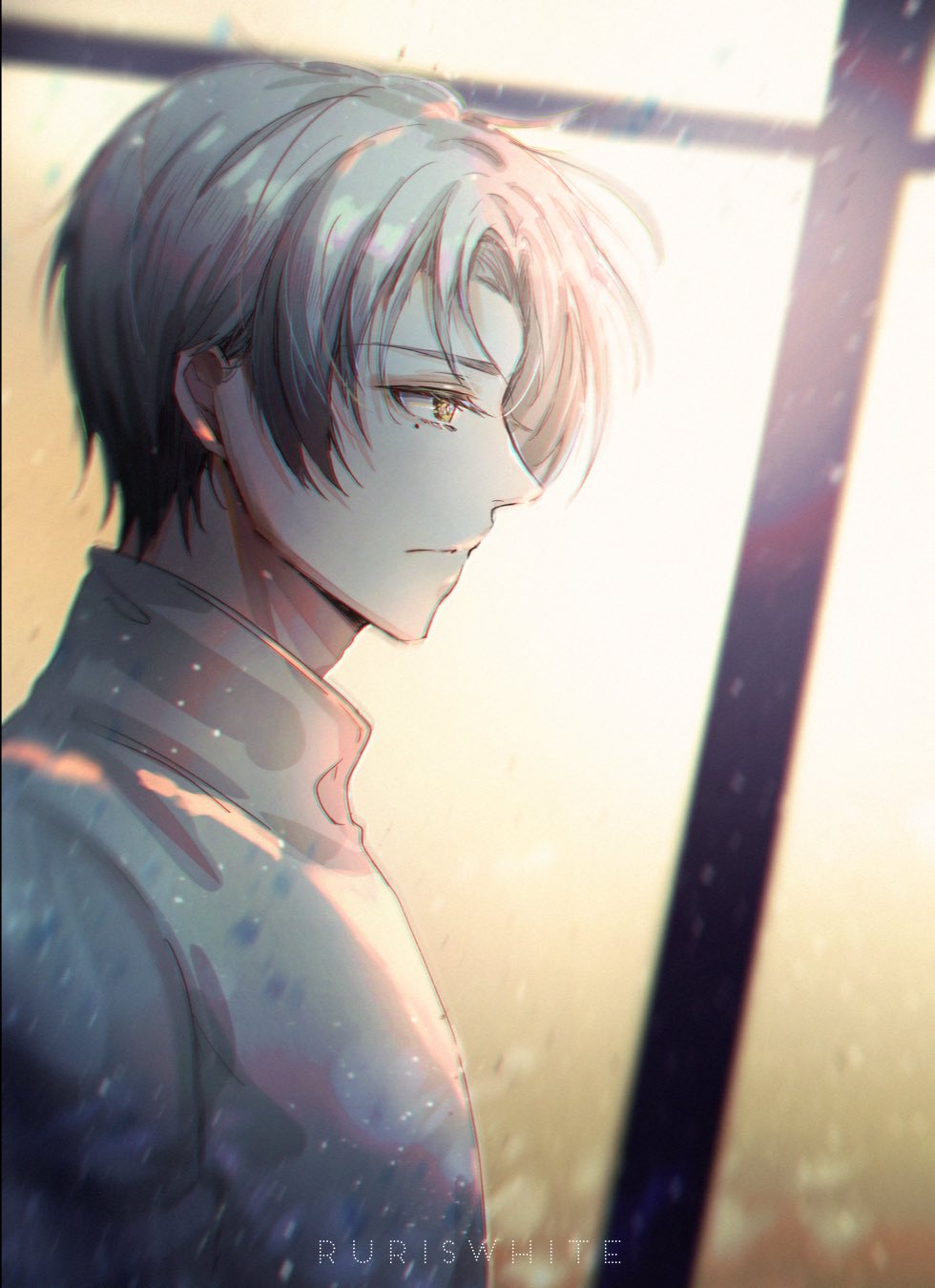 1boy artist_name closed_mouth highres indoors long_sleeves male_focus mole mole_under_eye ruriswhite shirt short_hair solo sunlight tears_of_themis vyn_richter_(tears_of_themis) white_hair white_shirt window yellow_eyes yellow_sky