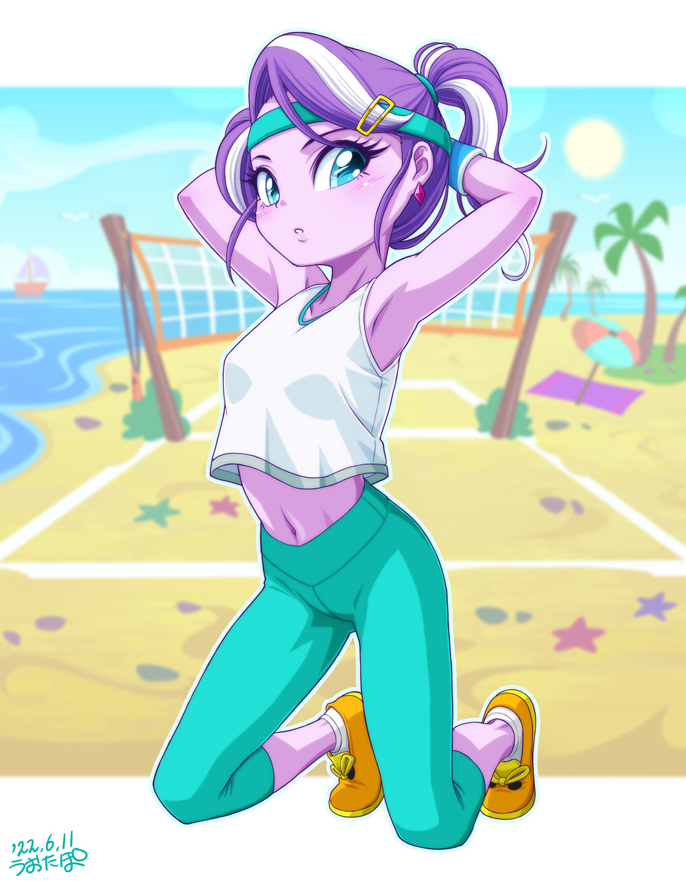 1girl arms_behind_head beach breasts colored_skin crop_top diamond_tiara exercise headband highres humanization leggings multicolored_hair my_little_pony my_little_pony_equestria_girls my_little_pony_friendship_is_magic navel pants petite ponytail purple_hair purple_skin small_breasts sportswear streaked_hair sweatband teenage tight tight_pants uotapo volleyball volleyball_net white_hair