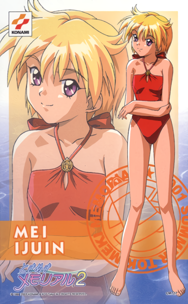 1990s_(style) 1girl bangs barefoot blonde_hair casual_one-piece_swimsuit character_name copyright_name eyebrows_visible_through_hair full_body halterneck ijuuin_mei kokura_masashi logo non-web_source official_art one-piece_swimsuit red_swimsuit retro_artstyle smile solo standing swimsuit tokimeki_memorial tokimeki_memorial_2 violet_eyes zoom_layer