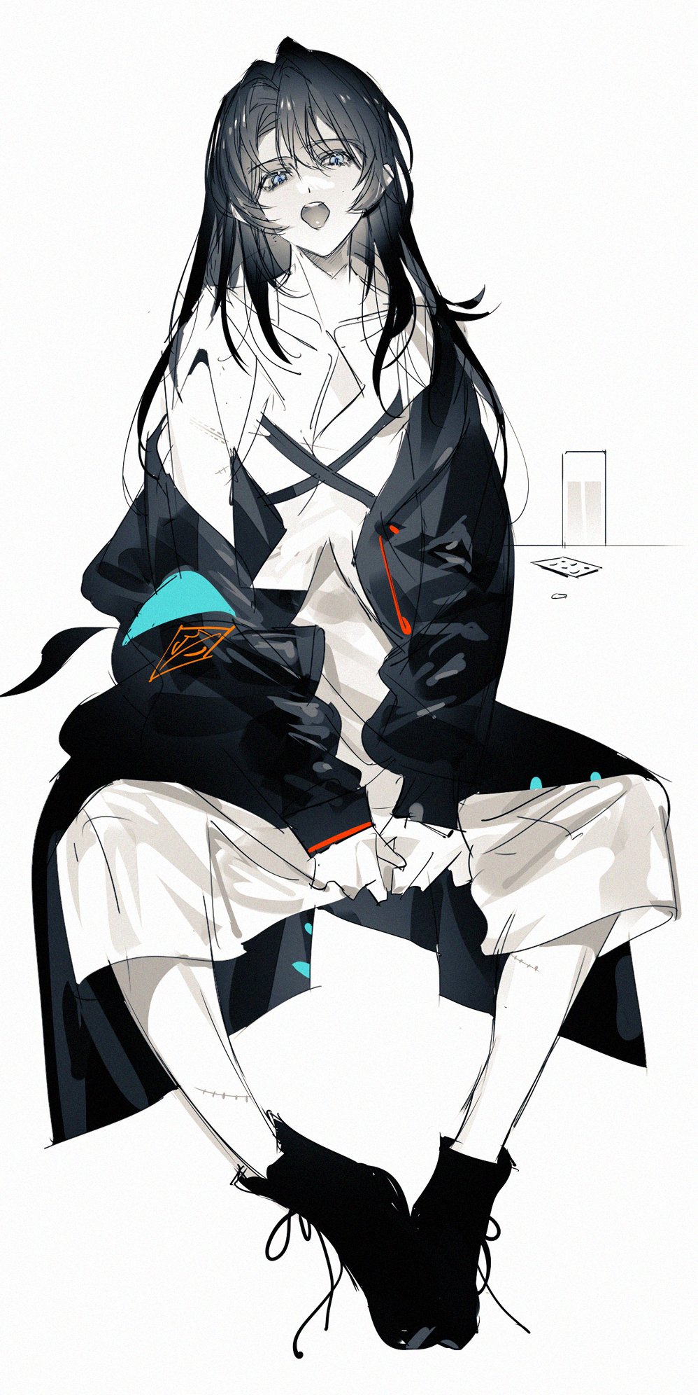 1girl arknights black_hair black_jacket doctor_(arknights) eyebrows_visible_through_hair female_doctor_(arknights) full_body highres jacket long_hair looking_at_viewer open_mouth pienahenggou shirt simple_background solo stitches violet_eyes white_background white_shirt