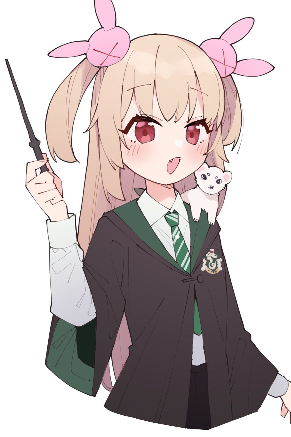 1girl animal_on_shoulder bangs black_robe black_skirt blonde_hair blush cropped_torso fang green_necktie hair_ornament harry_potter_(series) highres holding holding_wand kamo_(kamonabe_44) long_sleeves looking_at_viewer natori_sana necktie open_mouth red_eyes sana_channel shirt simple_background skirt slytherin solo two_side_up upper_body virtual_youtuber wand white_background white_shirt wide_sleeves