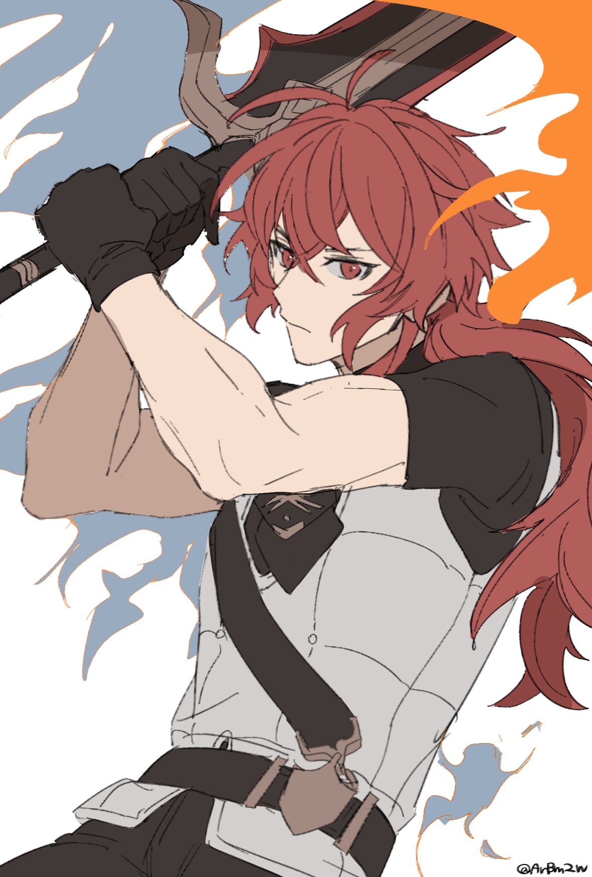 1boy arbm2w bangs black_gloves black_pants black_shirt closed_mouth diluc_(genshin_impact) fire genshin_impact gloves greatsword hair_between_eyes highres holding holding_sword holding_weapon long_hair looking_at_viewer male_focus pants ponytail red_eyes redhead shirt short_sleeves simple_background solo sword toned toned_male twitter_username upper_body vest weapon