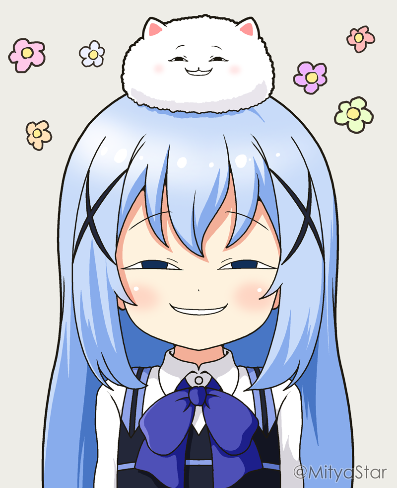 1girl angora_rabbit animal animal_on_head anya's_heh_face_(meme) bangs blue_bow blue_eyes blue_hair blue_vest bow collared_shirt commentary_request eyebrows_visible_through_hair floral_background gochuumon_wa_usagi_desu_ka? grey_background hair_ornament half-closed_eyes kafuu_chino long_hair looking_at_viewer meme mitya on_head parted_lips rabbit rabbit_house_uniform shirt simple_background smile spy_x_family tippy_(gochiusa) twitter_username uniform upper_body vest waitress white_shirt x_hair_ornament