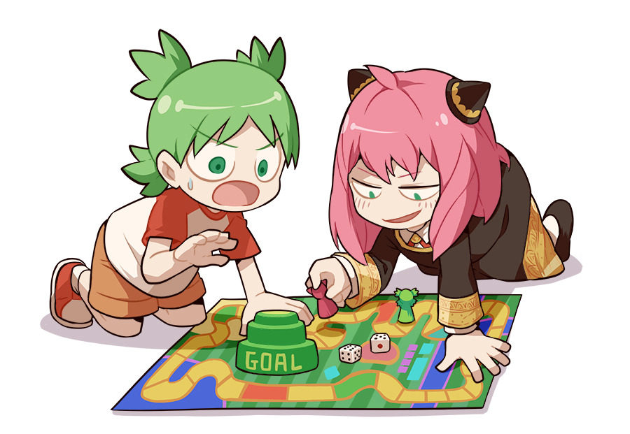 2girls anya_(spy_x_family) arm_support black_dress black_footwear board_game brown_shorts child commentary crossover dice dress eden_academy_uniform english_commentary female_child gomipomi green_eyes green_hair hair_ornament hairpods holding kneeling koiwai_yotsuba medium_hair multiple_girls open_mouth pink_hair playing_games quad_tails raglan_sleeves red_footwear school_uniform shoes short_hair shorts simple_background smile spy_x_family white_background yotsubato!