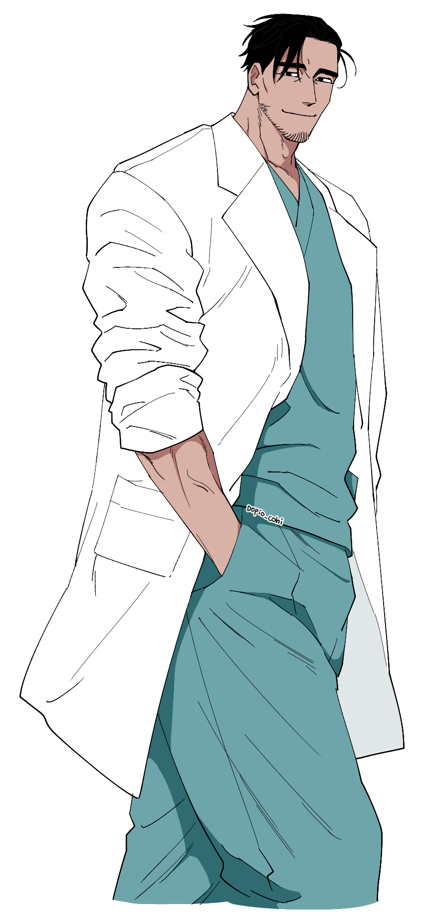 1boy balnom cropped_legs doctor facial_hair hand_in_pocket highres labcoat looking_at_viewer male_focus mature_male original short_hair sideburns smile solo stubble thick_eyebrows veins walking