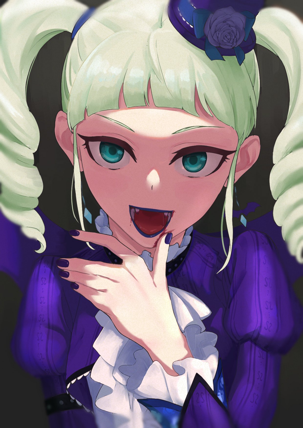 1girl :d aikatsu! aikatsu!_(series) bangs blood blue_lips blunt_bangs braid dress fangs fingernails flower green_eyes green_hair hand_up hat hat_flower highres juliet_sleeves lipstick long_sleeves looking_at_viewer makeup nail_polish open_mouth osame puffy_sleeves purple_dress purple_flower purple_headwear purple_nails purple_rose rose smile solo top_hat toudou_yurika twin_braids twintails upper_body