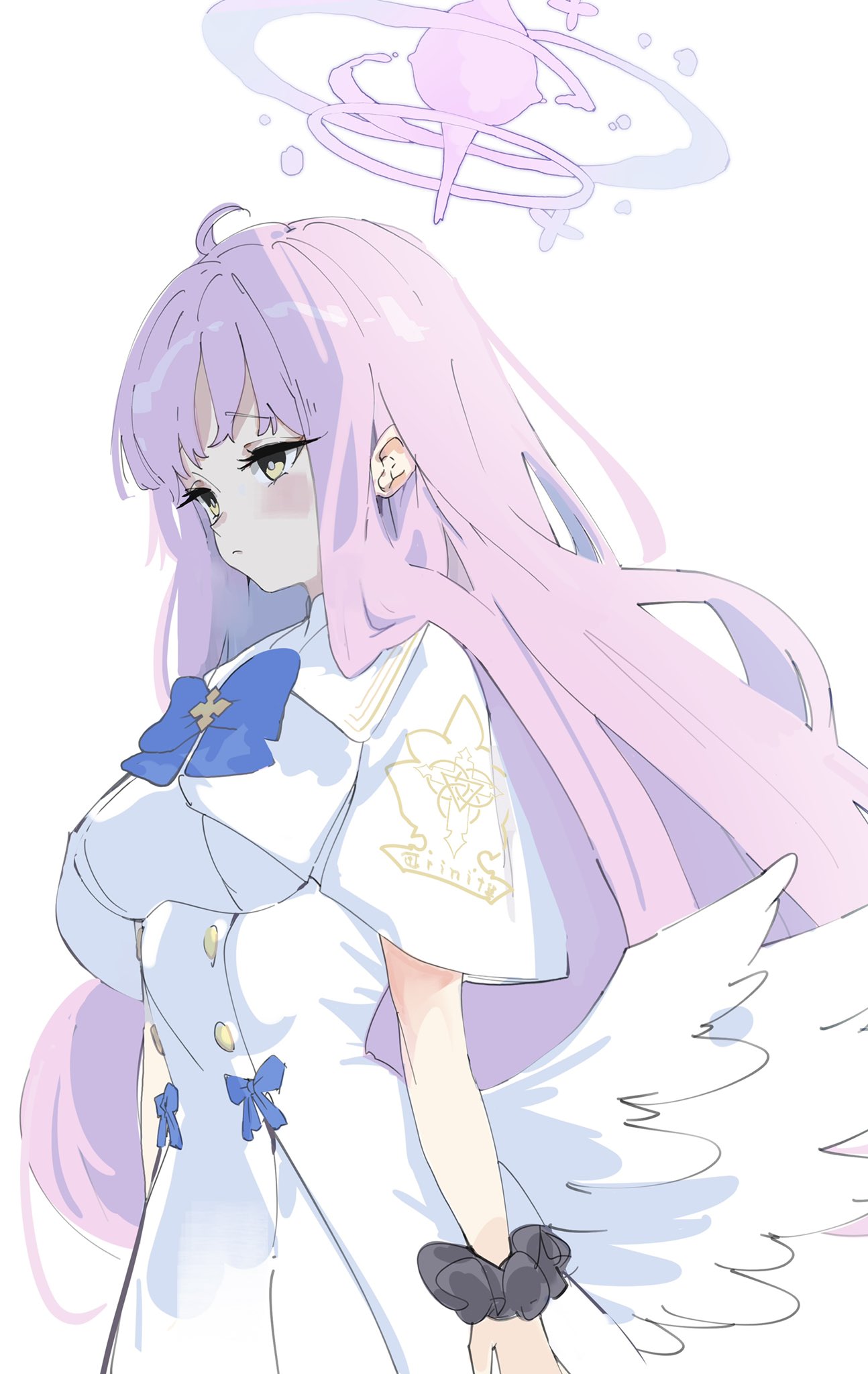 1girl bangs blue_archive blue_bow blush bow breasts closed_mouth commentary_request dress feathered_wings halo highres long_hair low_wings medium_breasts mika_(blue_archive) ocha_(popopogg) pink_hair scrunchie short_sleeves simple_background solo very_long_hair white_background white_dress white_wings wings wrist_scrunchie yellow_eyes