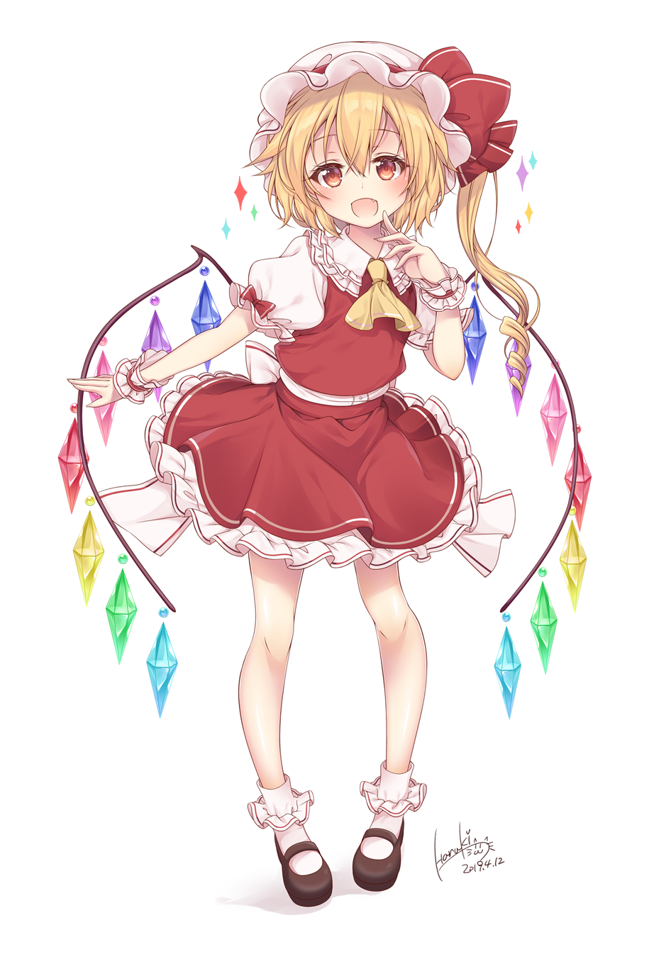 1girl ascot back_bow bangs black_footwear blonde_hair blush bobby_socks bow collared_shirt crystal dated eyebrows_visible_through_hair fang flandre_scarlet frilled_shirt_collar frilled_skirt frilled_sleeves frills full_body hair_between_eyes haruki_(colorful_macaron) hat hat_ribbon highres looking_at_viewer mary_janes medium_hair mob_cap one_side_up open_mouth pigeon-toed puffy_short_sleeves puffy_sleeves red_eyes red_ribbon red_skirt red_vest ribbon shirt shoes short_sleeves signature simple_background skirt skirt_set smile socks solo standing touhou vest white_background white_bow white_headwear white_legwear white_shirt wings wrist_cuffs yellow_ascot