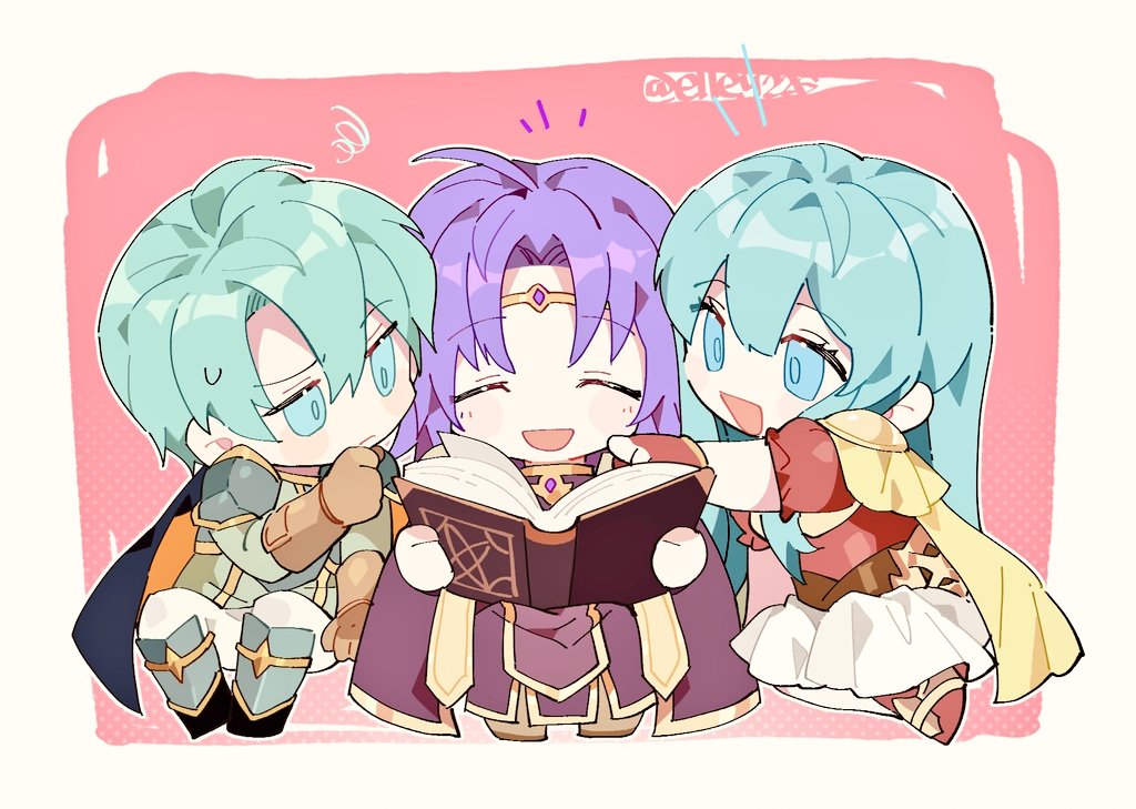 1girl 2boys :d armor bangs blue_eyes blue_hair book brown_gloves cape chibi circlet closed_eyes eirika_(fire_emblem) elley226 ephraim_(fire_emblem) eyebrows_visible_through_hair fire_emblem fire_emblem:_the_sacred_stones full_body gloves hair_between_eyes holding holding_book long_hair lyon_(fire_emblem) multiple_boys pointing purple_hair short_hair shoulder_armor skirt smile