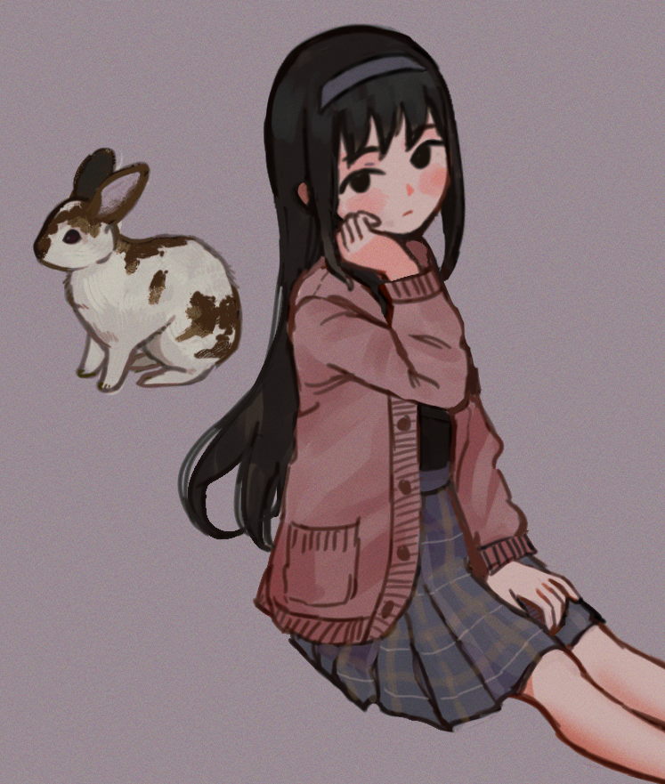 1girl akemi_homura animal black_eyes black_hair black_shirt blush brown_coat closed_mouth coat duffel_coat eyebrows_visible_through_hair grey_theme hairband io_(onisarashi) long_hair mahou_shoujo_madoka_magica plaid plaid_skirt rabbit shirt skirt spotted_fur