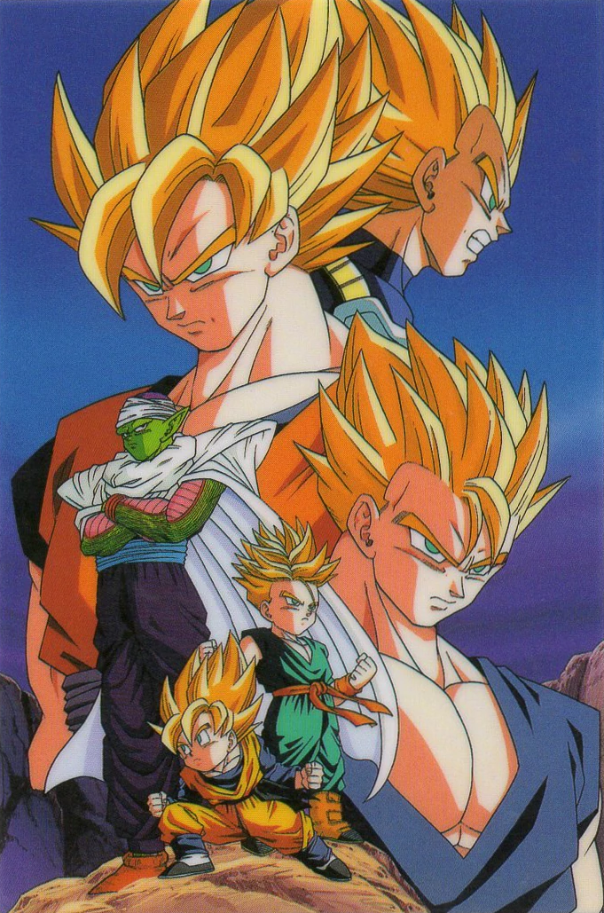 1990s_(style) 6+boys aqua_eyes bangs brothers cape colored_skin day dougi dragon_ball dragon_ball_z father_and_son fighting_stance green_skin grin male_focus multiple_boys namekian non-web_source official_art outdoors piccolo pointy_ears retro_artstyle saiyan scan serious siblings smile son_gohan son_goku son_goten standing super_saiyan super_saiyan_1 trunks_(dragon_ball) turban vegeta