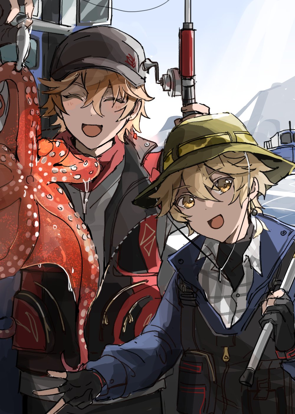 2boys aether_(genshin_impact) alternate_costume bangs black_gloves black_headwear blonde_hair boat closed_eyes day earrings fishing fishing_rod genshin_impact gloves green_headwear gyoju_(only_arme_nim) hair_between_eyes hat highres holding holding_fishing_rod jacket jewelry korean_commentary long_sleeves looking_at_viewer male_focus multiple_boys octopus open_mouth orange_hair outdoors partially_fingerless_gloves single_earring sky tartaglia_(genshin_impact) tentacles upper_body vest watercraft