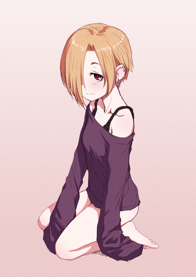 1girl blonde_hair blush brown_eyes ear_piercing gradient gradient_background hair_over_one_eye idolmaster idolmaster_cinderella_girls looking_at_viewer no_pants off_shoulder piercing sakaki_imasato shirasaka_koume short_hair sitting sleeves_past_fingers sleeves_past_wrists smile solo wariza