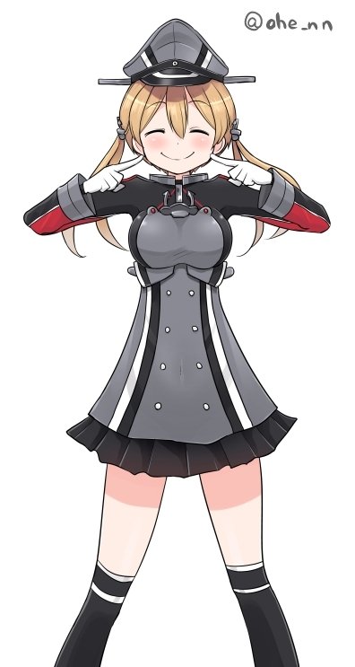 1girl ahenn black_legwear black_skirt blonde_hair blush breasts closed_eyes closed_mouth eyebrows_visible_through_hair feet_out_of_frame gloves grey_headwear hair_between_eyes hat kantai_collection large_breasts long_hair long_sleeves low_twintails military military_uniform miniskirt peaked_cap pleated_skirt prinz_eugen_(kancolle) simple_background skirt smile solo thigh-highs twintails twitter_username uniform white_background white_gloves