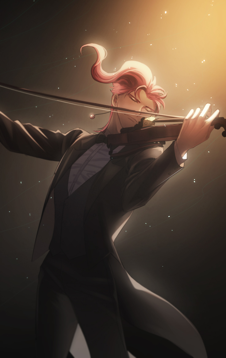 1boy asymmetrical_bangs bangs bow bowtie cherry_earrings closed_eyes coattails earrings floating_hair food-themed_earrings formal hands_up head_tilt holding holding_bow_(music) holding_instrument huayv666 instrument jewelry jojo_no_kimyou_na_bouken kakyoin_noriaki light_particles long_hair male_focus music parted_bangs playing_instrument redhead solo stardust_crusaders suit traditional_bowtie violin