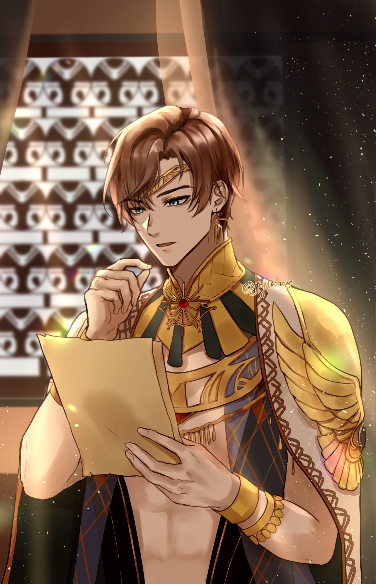 1boy abs artem_wing_(tears_of_themis) bangs blue_eyes brown_hair cape circlet earrings egyptian_clothes highres holding holding_paper indoors jewelry jtyldraws muscular muscular_male open_mouth paper short_hair solo tears_of_themis window