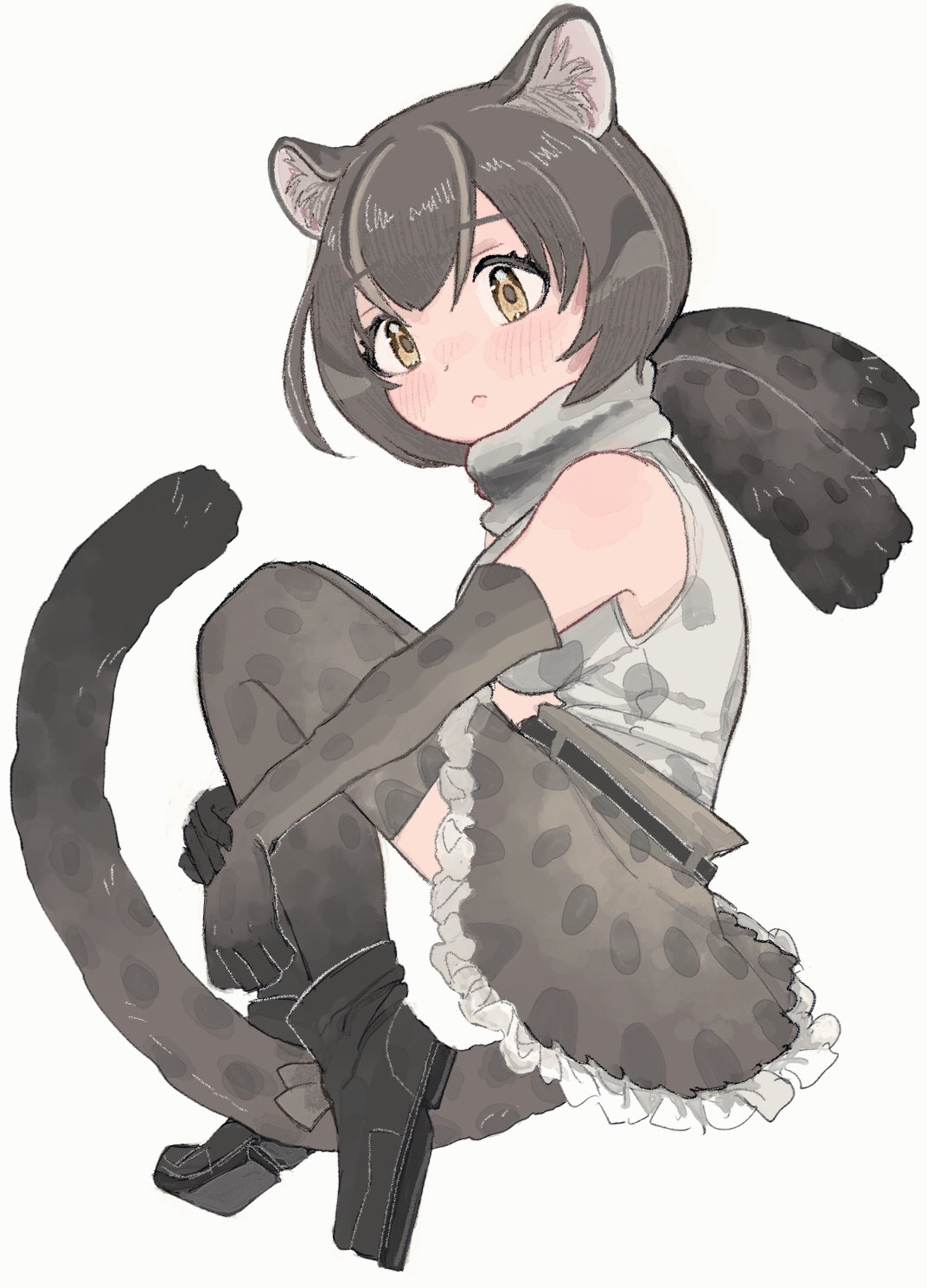 1girl animal_ears animal_print bare_shoulders blush cat_ears cat_girl cat_print cat_tail curled_up elbow_gloves eyebrows_visible_through_hair fur_trim gloves grey_gloves grey_hair grey_legwear grey_shirt grey_skirt high-waist_skirt highres iriomote_cat_(kemono_friends) kemono_friends print_gloves print_legwear print_shirt print_skirt scarf shimazoenohibi shirt short_hair skirt sleeveless solo tail thigh-highs yellow_eyes zettai_ryouiki