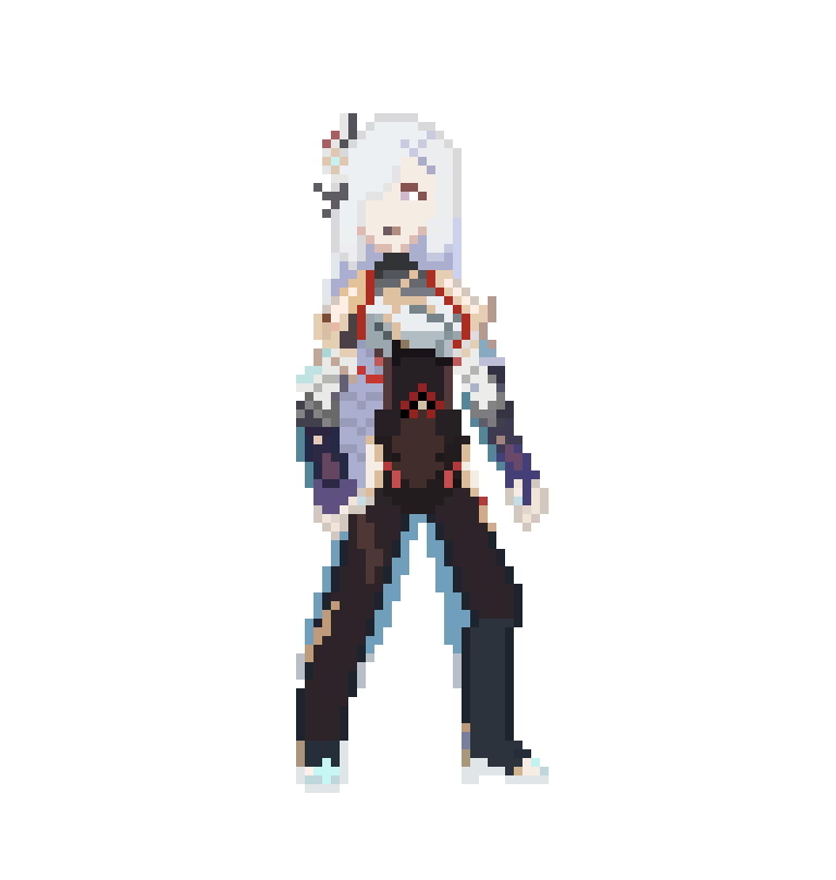 1girl bow closed_mouth genshin_impact hair_bow hair_ornament leggings long_hair looking_at_viewer nail_polish non-web_source pink_eyes pixel_art pokefankris red_rope rope shenhe_(genshin_impact) solo solo_focus sprite standing white_hair