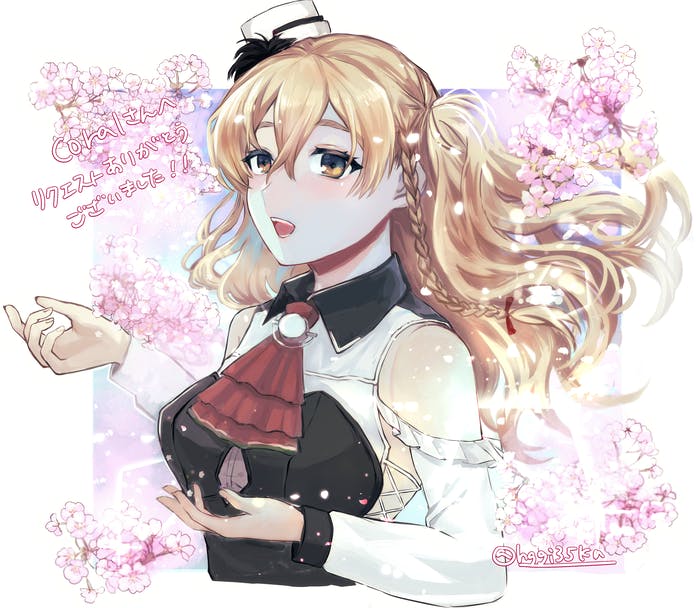 1girl ascot bangs blonde_hair blush braid breasts brown_eyes commission flower hagioshi hair_between_eyes hair_ribbon hat kantai_collection long_hair long_sleeves looking_at_viewer medium_breasts mini_hat one_side_up petals pink_flower red_ascot red_ribbon ribbon side_braid skeb_commission solo twitter_username zara_(kancolle) zara_due_(kancolle)