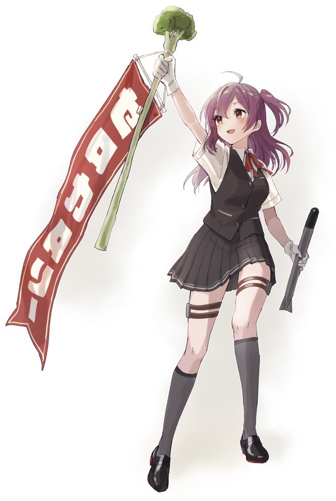 1girl ahoge banner black_skirt black_vest broccoli commentary_request full_body gloves grey_legwear hagikaze_(kancolle) holding kantai_collection loafers long_hair neck_ribbon one-hour_drawing_challenge one_side_up pleated_skirt purple_hair red_ribbon ribbon school_uniform shirt shoes skirt solo thigh-highs torpedo vest white_gloves white_shirt yamashichi_(mtseven)