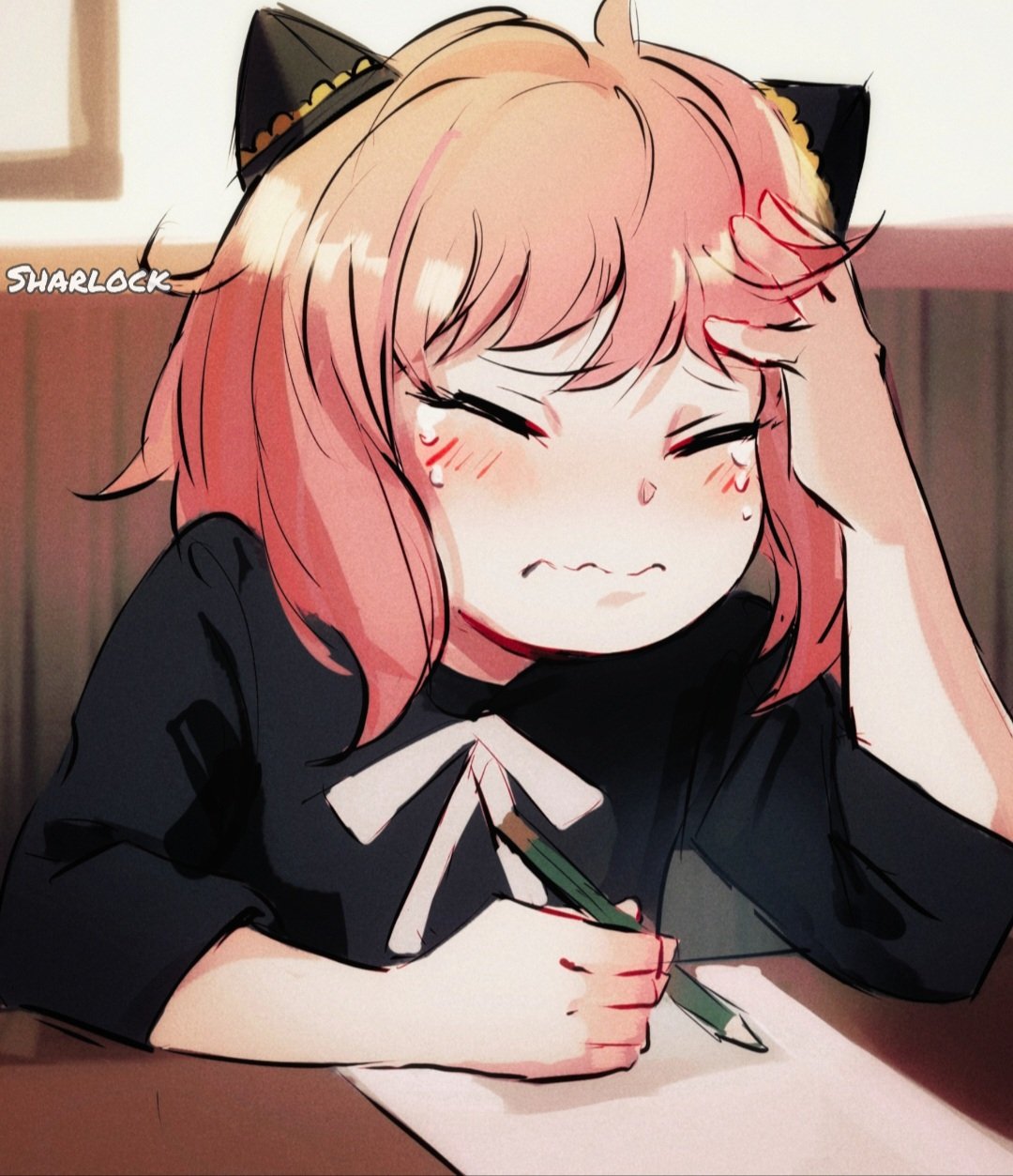 1girl anya_(spy_x_family) artist_name closed_eyes crying facepalm hairpods hand_on_own_head highres holding holding_pencil paper pencil pink_hair sharl0ck solo spy_x_family studying writing