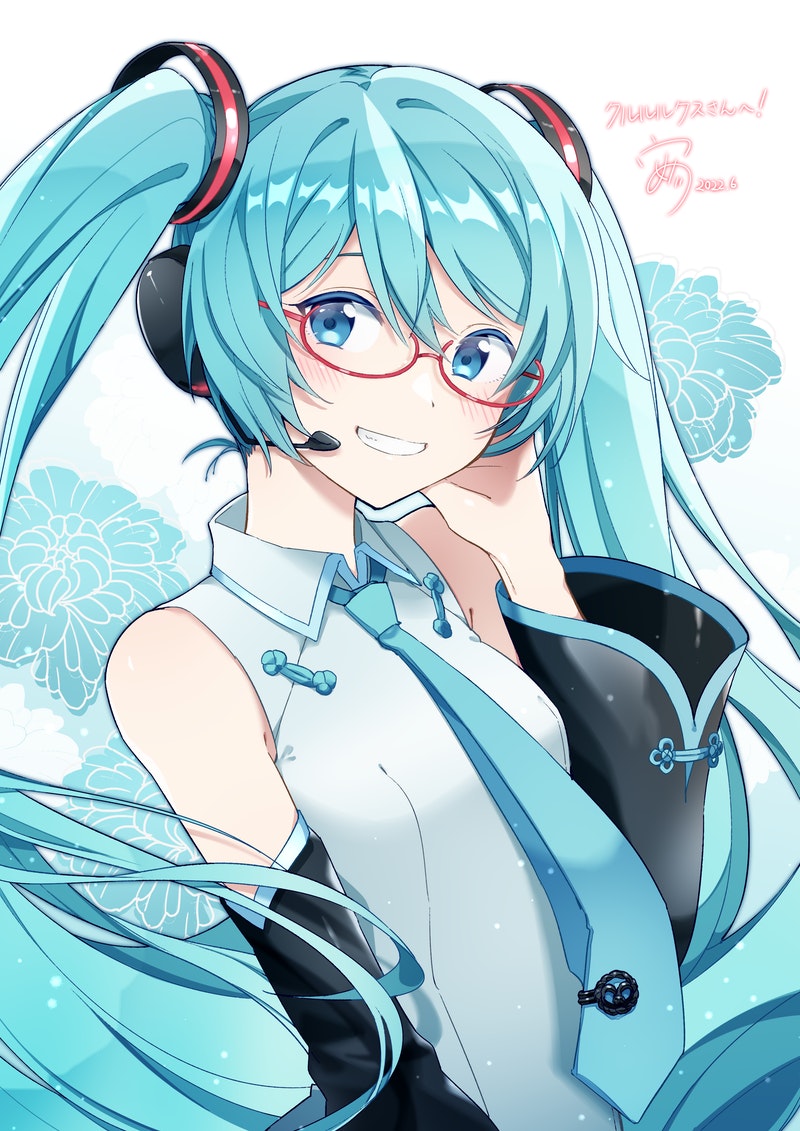 1girl :d agonasubi aqua_hair background_text bare_shoulders bespectacled blue_eyes blue_necktie blush commentary_request detached_sleeves floral_background glasses grin hand_on_own_cheek hand_on_own_face hatsune_miku headset long_hair long_sleeves looking_at_viewer necktie parted_lips red-framed_eyewear semi-rimless_eyewear shirt smile solo translation_request twintails under-rim_eyewear upper_body very_long_hair vocaloid white_shirt