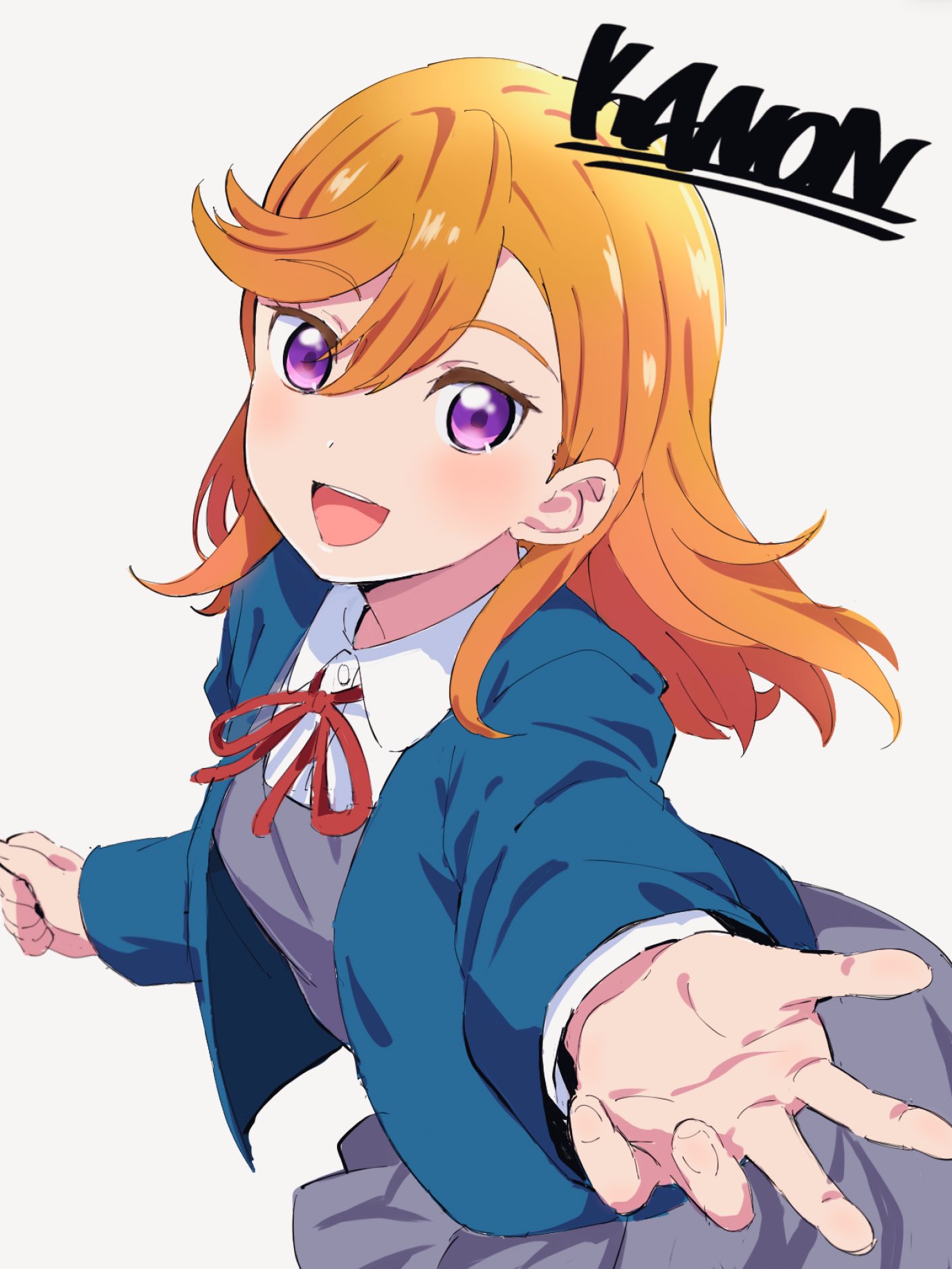 1girl :d bangs blazer blue_jacket blush character_name commentary_request eyebrows_visible_through_hair grey_shirt grey_vest haaam highres jacket long_sleeves looking_at_viewer love_live! love_live!_superstar!! medium_hair neck_ribbon open_clothes open_jacket open_mouth orange_hair red_ribbon ribbon school_uniform shibuya_kanon shirt simple_background smile solo teeth upper_teeth vest violet_eyes white_background white_shirt yuigaoka_school_uniform