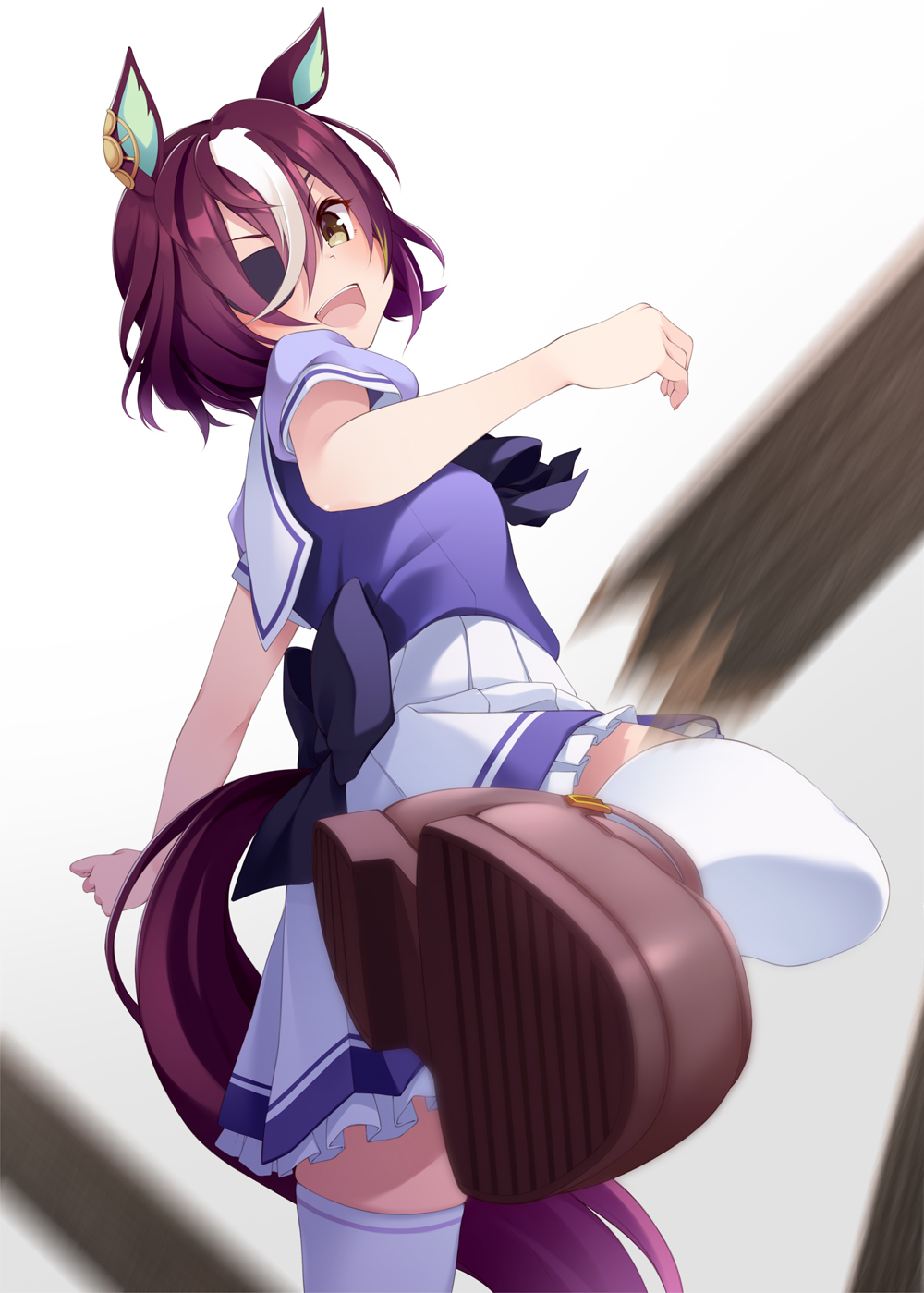 1girl animal_ears brown_footwear brown_hair eyepatch frilled_skirt frills highres horse_ears horse_girl horse_tail kicking loafers looking_at_viewer mofu_namako multicolored_hair open_mouth pleated_skirt puffy_short_sleeves puffy_sleeves purple_shirt sailor_collar sailor_shirt school_uniform serafuku shirt shoes short_hair short_sleeves skirt smile solo streaked_hair summer_uniform tail tanino_gimlet_(umamusume) thigh-highs tracen_school_uniform two-tone_hair umamusume white_hair white_legwear white_skirt yellow_eyes