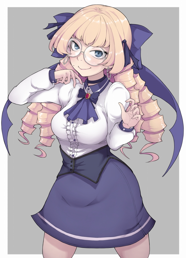 1girl blonde_hair blue_eyes blue_skirt breasts character_request closed_mouth copyright_request earrings glasses grey-framed_eyewear hoop_earrings ina_(gokihoihoi) jewelry large_breasts long_hair long_sleeves mole mole_under_mouth ringlets round_eyewear skirt smile solo