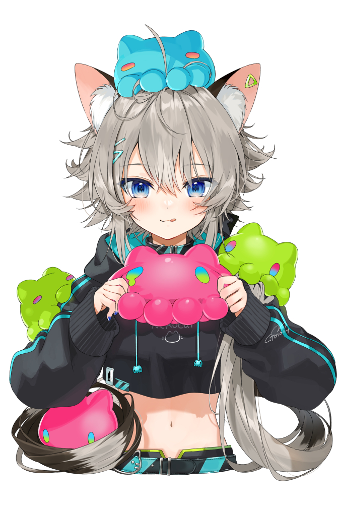 1girl animal_ear_fluff animal_ears artist_name bangs belt blue_eyes blue_nails blush breasts cat_ears ear_piercing gotoh510 grey_hair holding holding_toy licking_lips light_blush long_hair long_sleeves low_twintails midriff navel original piercing small_breasts solo tongue tongue_out toy twintails upper_body white_background