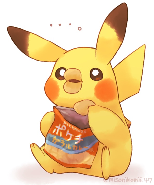 ... animal animal_focus artist_name bag_of_chips chips commentary food holding misonikomiii no_humans pikachu pokemon pokemon_(creature) pringle_duck simple_background sitting white_background