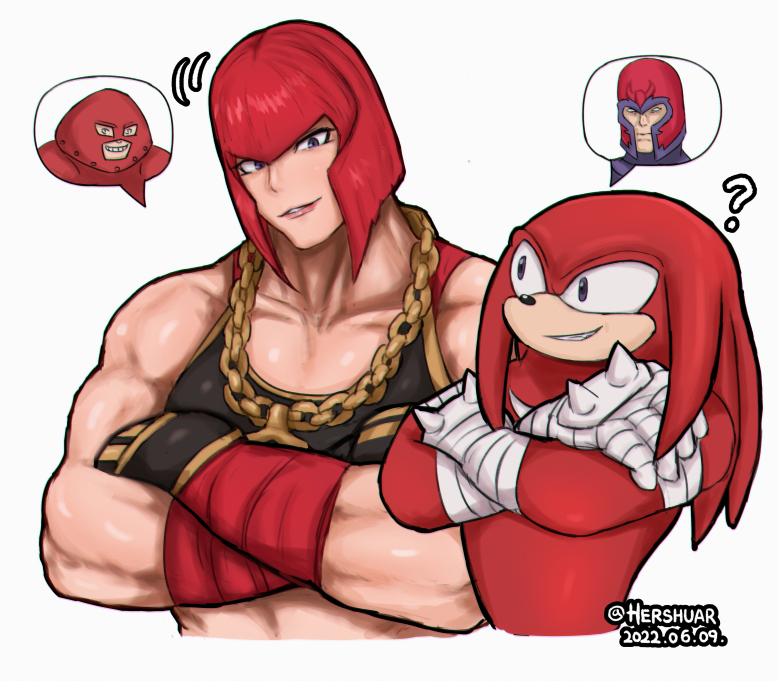 1boy 1girl ? bangs biceps black_sports_bra bob_cut chain collarbone colored_skin crossed_arms crossover dated english_commentary furry furry_male gold_chain hair_between_eyes hershuar juggernaut_(x-men) knuckles_the_echidna magneto marisa_(street_fighter) marvel multiple_crossover muscular muscular_female red_eyes red_skin redhead short_hair sonic_(series) sonic_boom_(game) speech_bubble spiked_knuckles sports_bra street_fighter street_fighter_6 trait_connection twitter_username violet_eyes x-men