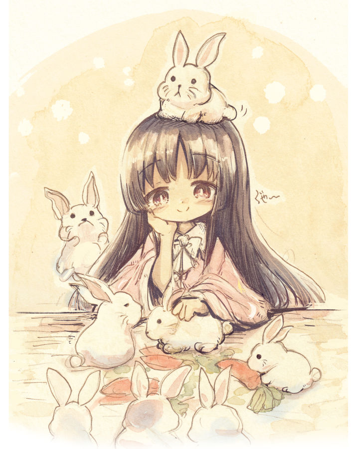 1girl animal_on_head black_hair bow bowtie brown_eyes carrot closed_mouth commentary_request eating eyebrows_visible_through_hair hand_on_own_cheek hand_on_own_face houraisan_kaguya kouba long_hair long_sleeves looking_at_animal on_head pink_shirt rabbit rabbit_on_head shiny shiny_hair shirt smile solo touhou upper_body very_long_hair white_bow white_bowtie wide_sleeves