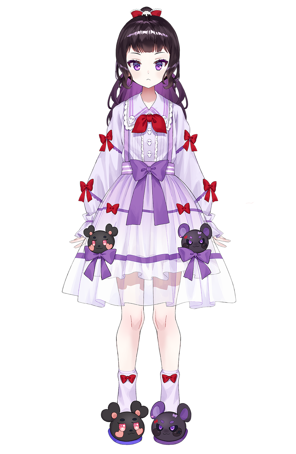 1girl animal_slippers bangs black_footwear black_hair blush bow chobi_(penguin_paradise) collared_shirt copyright_request hair_bow hair_ornament high_ponytail highres long_hair long_sleeves multicolored_hair multiple_views official_art pleated_skirt ponytail puffy_long_sleeves puffy_sleeves purple_hair purple_shirt purple_skirt red_bow see-through shirt simple_background skirt skull_hair_ornament sleeves_past_wrists slippers socks two-tone_hair violet_eyes virtual_youtuber white_background white_legwear