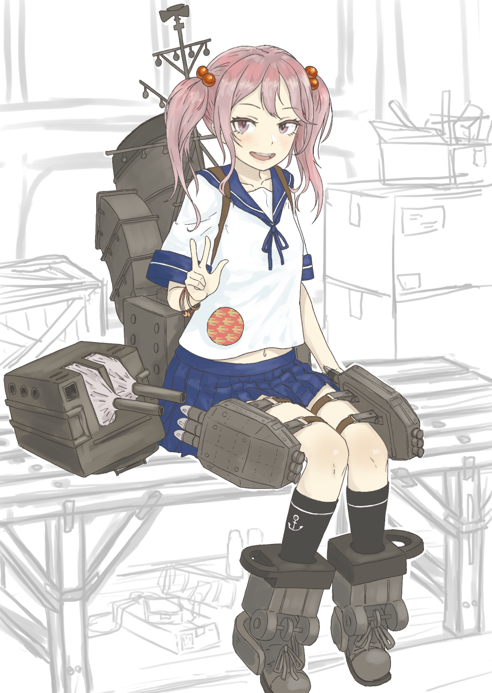1girl anchor_symbol bangs bench black_legwear blue_sailor_collar blue_skirt commentary_request full_body hair_bobbles hair_ornament highres kantai_collection kneehighs nito_(nshtntr) open_mouth pink_eyes pink_hair pleated_skirt revision rigging sailor_collar sazanami_(kancolle) school_uniform serafuku short_sleeves short_twintails sitting skirt solo twintails w
