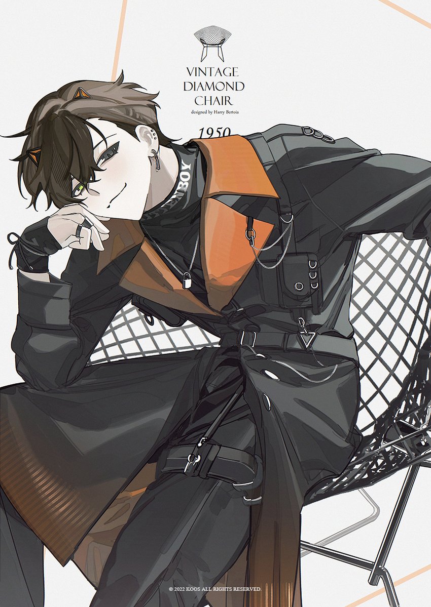 1boy alban_knox bangs black_coat black_gloves black_pants black_shirt blush brown_hair chair coat crossed_bangs earrings english_text fingerless_gloves gloves gradient_clothes green_eyes grey_eyes heterochromia jewelry k00s leg_belt looking_at_viewer multicolored_clothes necklace nijisanji nijisanji_en orange_coat pants ring shirt short_hair sitting smile solo virtual_youtuber white_background