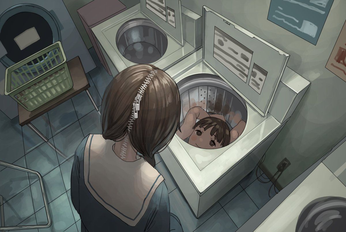 1girl brown_hair dai3syougen disembodied_head facing_away from_above indoors laundry_basket looking_inside md5_mismatch original outlet plug reflection school_uniform skinsuit smile table washing_machine zipper