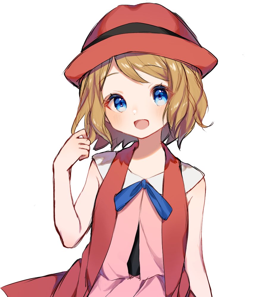 1girl :d bangs blonde_hair blue_eyes blue_ribbon commentary_request eyebrows_visible_through_hair eyelashes hand_up happy hat kajiki_ngtk9 looking_at_viewer neck_ribbon open_mouth pokemon pokemon_(anime) pokemon_xy_(anime) red_headwear ribbon serena_(pokemon) short_hair simple_background smile solo white_background