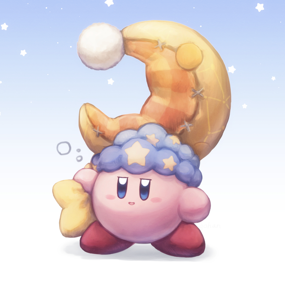 blush grabbing half-closed_eyes hat kirby kirby's_dream_land kirby_(series) looking_at_viewer moon open_mouth pillow simple_background sleepy standing star_(symbol) tr_gohan