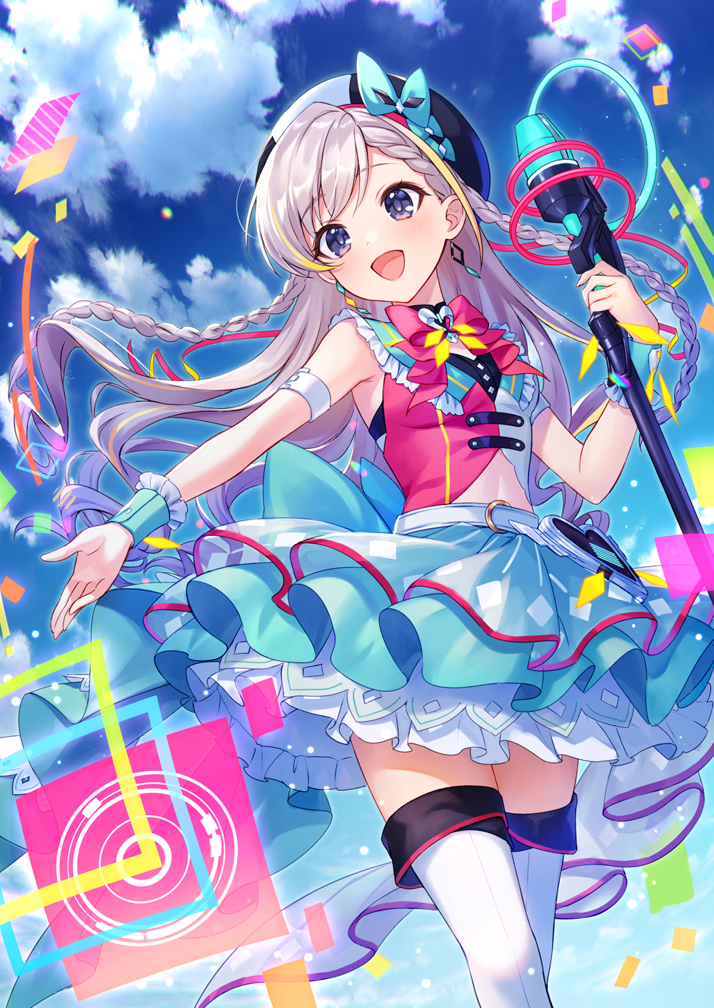1girl :d aqua_bow aqua_skirt armband belt beret black_headwear bow braid breasts clothing_cutout commentary confetti day eyebrows_visible_through_hair grey_eyes hat hat_bow highres hisakawa_hayate holding holding_microphone_stand idolmaster idolmaster_cinderella_girls idolmaster_cinderella_girls_starlight_stage iku2727 long_hair microphone_stand miniskirt official_alternate_costume open_mouth outstretched_arm petticoat pink_bow pleated_skirt shirt skirt sky sleeveless sleeveless_shirt small_breasts smile solo stomach_cutout thigh-highs two-tone_headwear two-tone_shirt wavy_hair white_belt white_hair white_headwear white_legwear