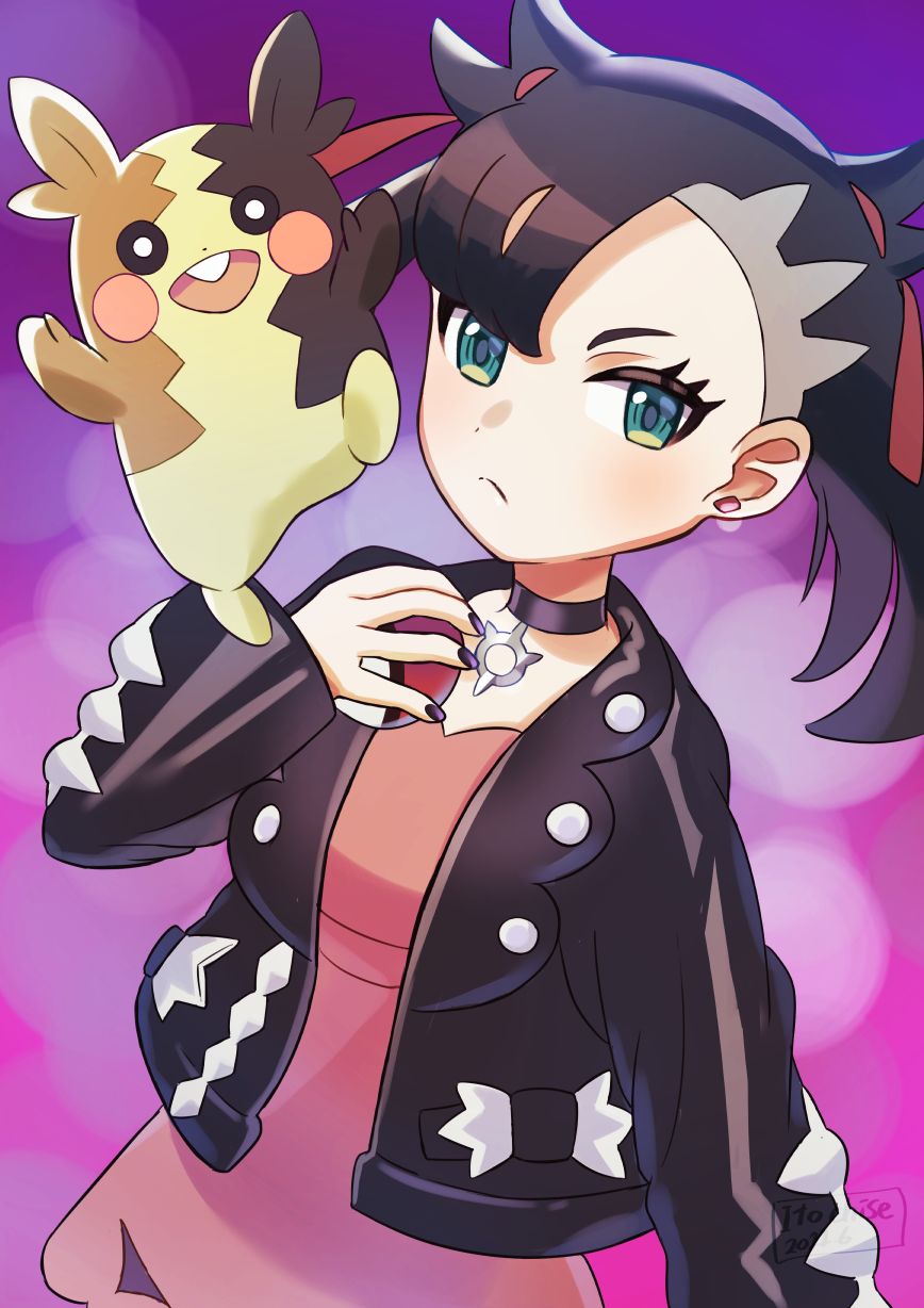 1girl asymmetrical_bangs bangs black_choker black_hair black_jacket black_nails choker commentary_request dress earrings eyelashes green_eyes hair_ribbon highres holding holding_poke_ball jacket jewelry marnie_(pokemon) morpeko morpeko_(full) nail_polish open_clothes open_jacket orange_(orangelv20) pink_dress poke_ball poke_ball_(basic) pokemon pokemon_(creature) pokemon_(game) pokemon_swsh purple_background red_ribbon ribbon twintails